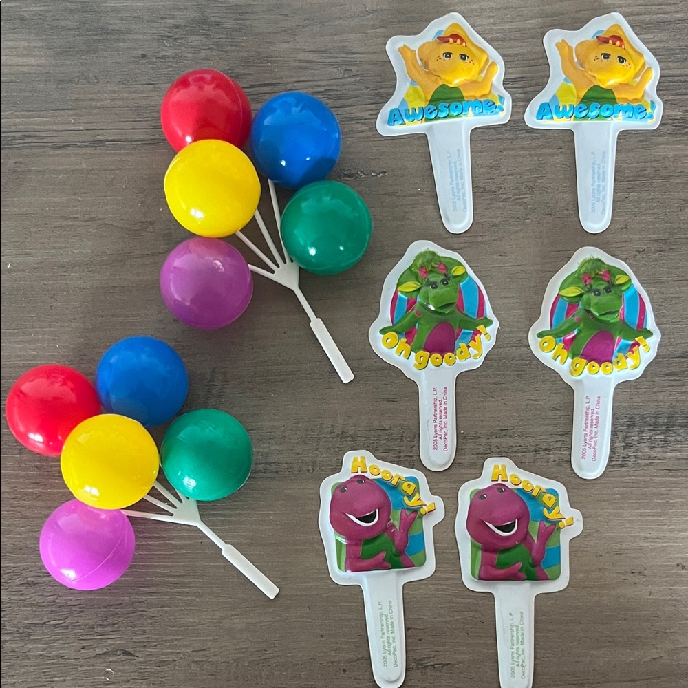 Vintage Barney 6 Cupcake Cake Topper Picks 2 Multicolor - Birthday Party Pack